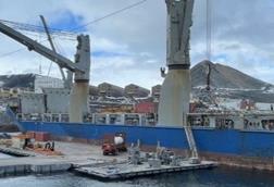 Ocean Giant conducts cargo offload operations at McMurdo Station, Antarctica. Photo by Marie Morrow, MSC Pacific.