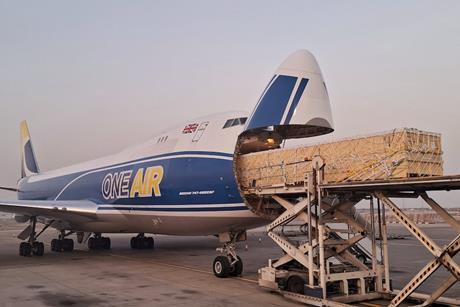 AIRONEtransportedthe12metrefurnacecoilboxesonboarda747400freighteroperatedbyitsaffiliatedairlinepartnerOneAir