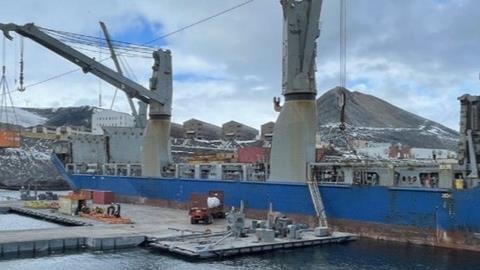 Ocean Giant conducts cargo offload operations at McMurdo Station, Antarctica. Photo by Marie Morrow, MSC Pacific.