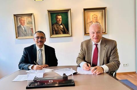 The contract was signed between Cdr Shantanu Bose, IN (Retd), Director (Shipbuilding), GRSE and Mr Thomas Rehder, Managing Director, Carsten Rehder Schiffsmakler und Reederei GmbH & Co. KG.