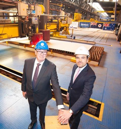 SeaRoad Technical Marine Manager Tony Johnson and FSG CEO Philipp Maracke at the steel cutting ceremony in Flensburg, Germany - v2