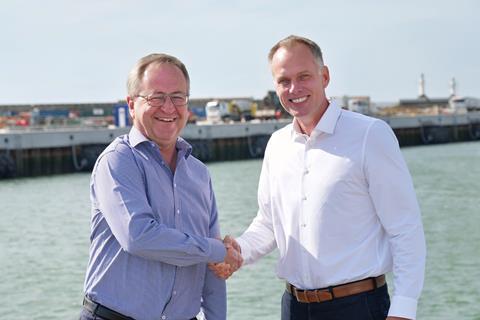 David Rumsey, Managing Director, Clarksons Port Services and Paul Ager, Divisional Port Manager, ABP in front of the Lowestoft Eastern Energy Facility. Credit Stephen Waller