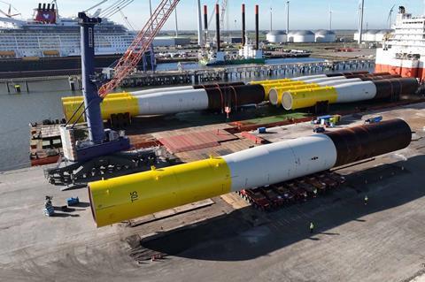 Initial foundations for offshore wind farm Thor arrive at Eemshaven port