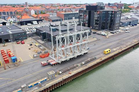 SPMTs transporting the blade rack at the port of Esbjerg.