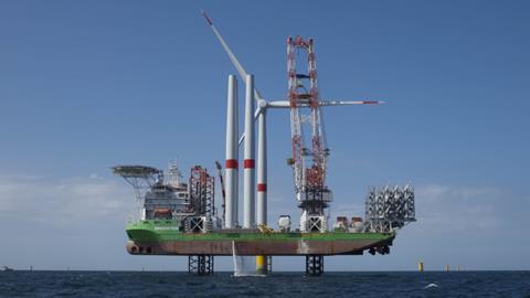 first turbine being installed at the fecamp floating offshore wind energy project