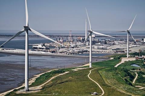 Wind turbines at the port of Esbjerg.