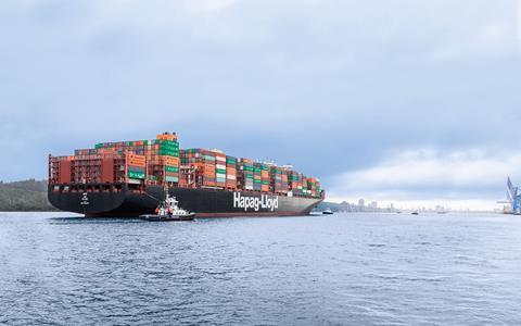 Hapag Lloyd Afif, with its capacity of 15,000 TEU, enters the Port of Hamburg.