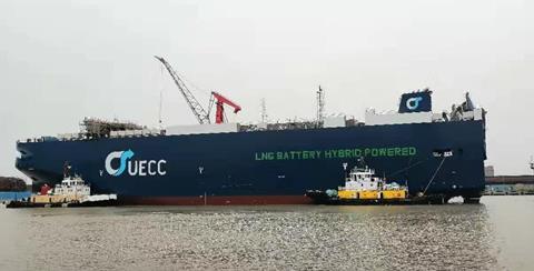 UECC's first LNG battery hybrid PCTC on the water