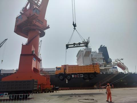 Protranser loading cargo on Breakbulk vessel in Qingdao port